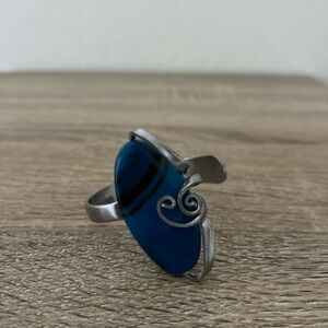 Vintage Unique Fork Bracelet w/ Blue Agate Stone Artisan Silver Cuff
